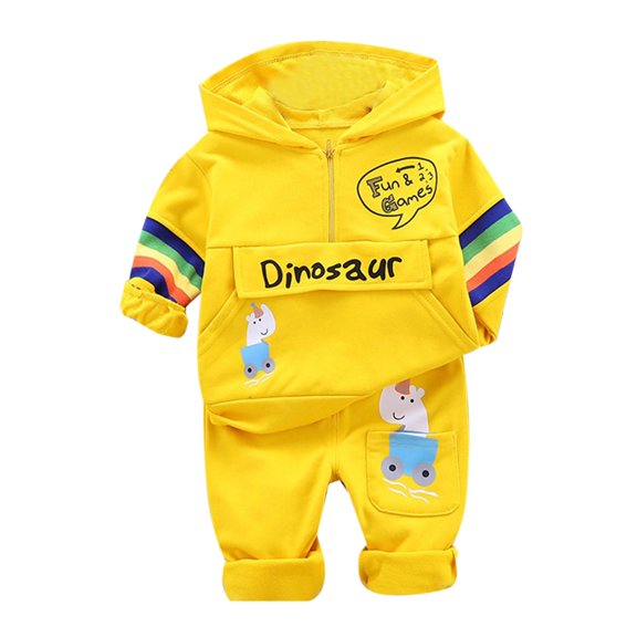 Lkhaha 2 Piece Outfit For Boys Dinosaur Letters Patterns Rainbow Printed Half Zipper Hooded Pocket And Sweatpant Trendy Trousers Suit