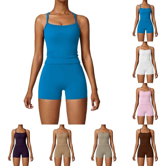 Lkhaha 2 Pieces Workout Sets for Women Cross Back Tank Top Matching High Waist Booty Lifting Biker Shorts Gym Yoga Pilates Blue XL