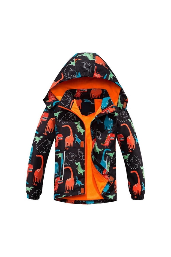 2025 Boys Jackets Waterproof Dinosaur Print Zipper Hooded Cute Cartoon Graphic Windproof Trendy Jackets Size 7-8 Years