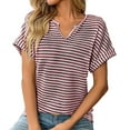 thumbnail image 1 of Lkhaha 2026 Women T-Shirts Striped V Neck Short Sleeve Knit Summer Textured Tunic Blouse Red 2XL, 1 of 9