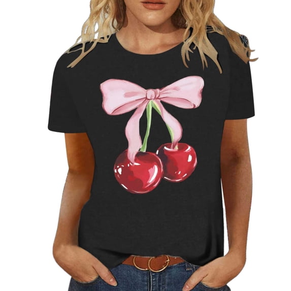 Lkhaha 2026 Womens T Shirts Fashion Tops Bow Cherry Print Short Sleeve Summer Casual Graphic Crew Neck Lightweight Outfits Clothes Black L