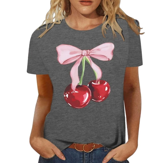 Lkhaha 2026 Womens T Shirts Fashion Tops Bow Cherry Print Short Sleeve Summer Casual Graphic Crew Neck Lightweight Outfits Clothes Grey M