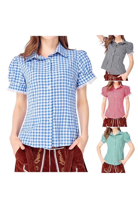 Bavarian Women's Oktoberfest Plaid Shirt German Checkered Lace Hem Puff Short Sleeve Button Down Blouse Black S