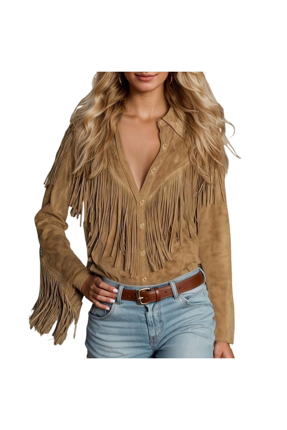 Bohemian Fringe Tassel Blouse For Women Faux Suede Leather Long Sleeve Button V Neck Shirts Brown M
