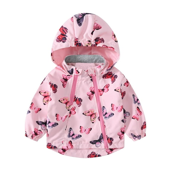 Lkhaha Essentials Girls Toddlers Jacket Butterfly Flower Pritn Windproof Waterproof Zip Up Hooded Casual Jackets Size 3-4 Years