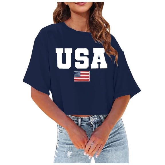 Lkhaha Essentials Tops for Women Summer 4th of July Cropped USA Letter Print Patriotic Fashion Clothing Navy S