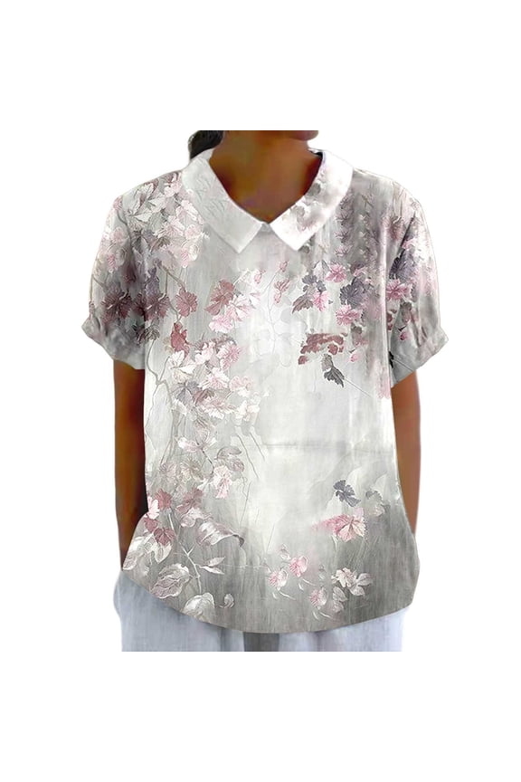 Essentials Women T Shirts Summer Elegant Lapel Crewneck Linen Printed Loose Pullover Casual Fashion Clothing Grey XL