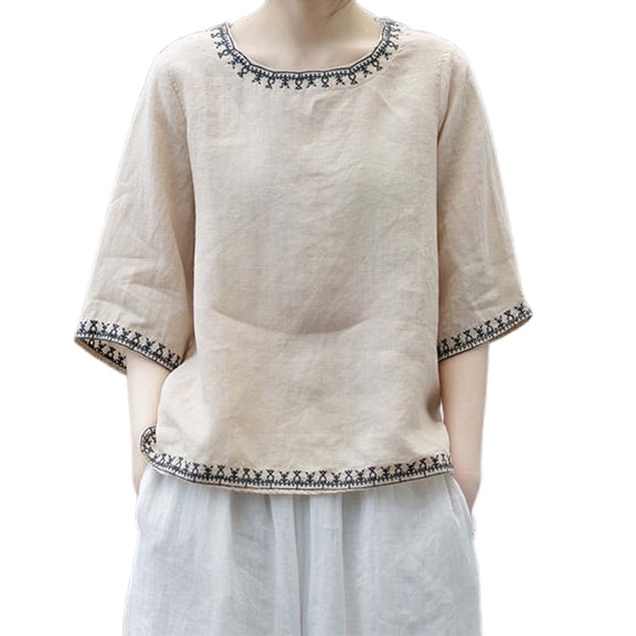 Lkhaha Essentials Womens Tees Tops Basic Shirts Embroidered Round Neck Short Sleeve Looseummer Versatile Casual Layer Clothes Beige 3XL