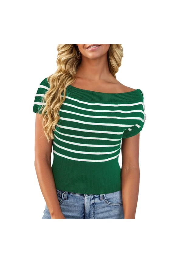 Essentials Womens Tees Tops Basic Shirts Off Shoulder Knit Short Sleeve Button Striped Pattern Casual Summer Pullover Workout Clothes Green L