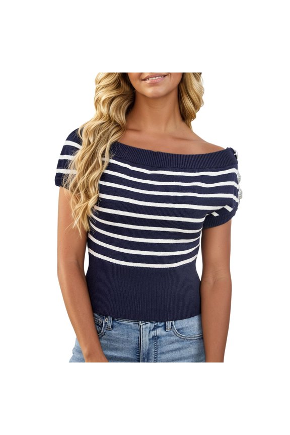 Essentials Womens Tees Tops Basic Shirts Off Shoulder Knit Short Sleeve Button Striped Pattern Casual Summer Pullover Workout Clothes Navy S