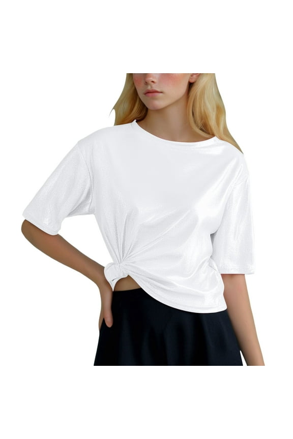 Essentials Womens Tees Tops Basic Shirts Shiny Glossy Solid Color Turtleneck Short Sleeve Fashion Workout Clothes White One Size
