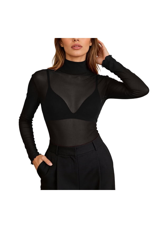 Essentials Womens Tees Tops Basic Shirts Slim Long Sleeve Turtleneck Sheer MeshElegant Casual Daily Athletic Blouse Black 2XL