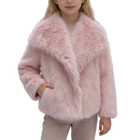 Lkhaha Faux Fur Coat For Girls Elegant Shawl Collar Winter Jacket Button-Up Outerwear White 13-14 Years