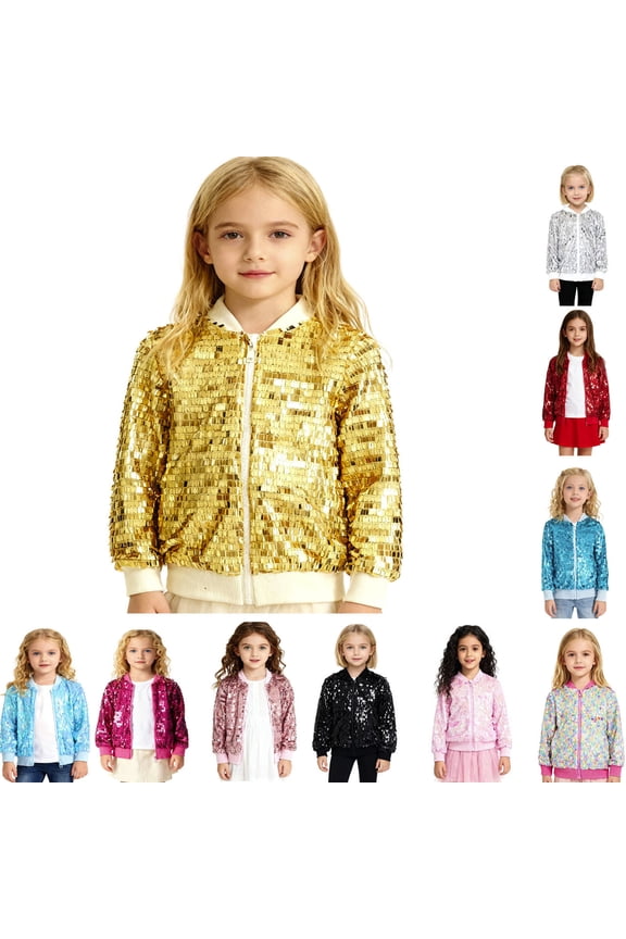 Girls Boys Sequin Bomber Jacket Sparkly Zip-Up Coat Kids Disco Party Outerwear Silver 7-8 Years