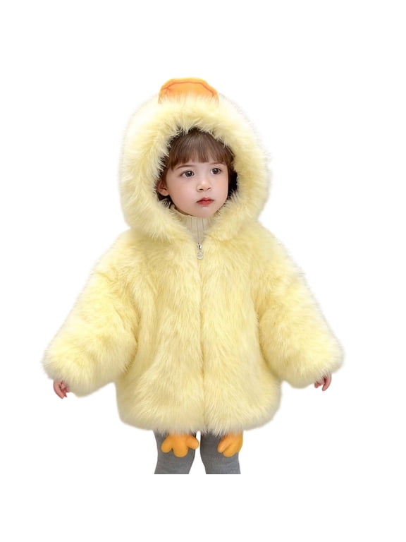 Girls Fashion Jackets Cute Yellow Fuzzy Hooded Padded Soft Warm Thicken Zip Up Plush Winter Kids Outfits