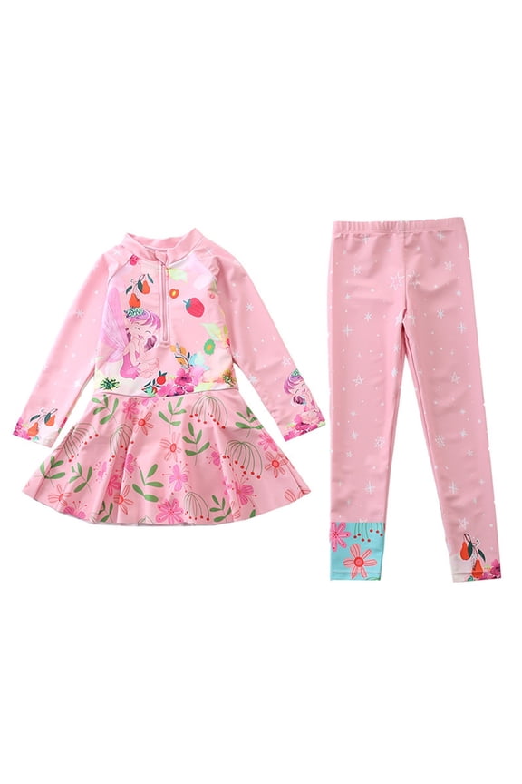 Girls Floral Fairy Rash Guard Set Long Sleeve Swim Dress & Leggings UPF 50+ Swimsuit Pink2 9-10 Years