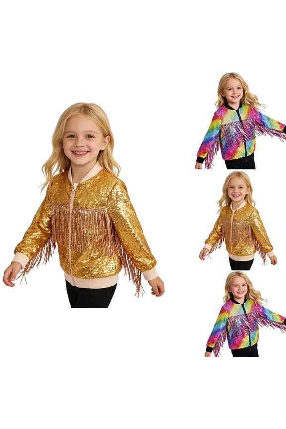 Girls Fringe Sequin Jacket Long Sleeve Coat Sparkly Zip Up Disco Party Outerwear Gold 9-10 Years