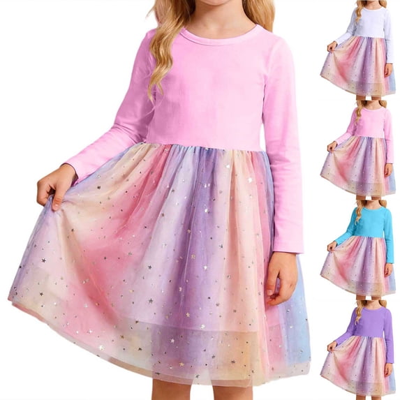 Lkhaha Girls Glitter Sequin Star Tulle Dress Long Sleeve Rainbow Party Princess Dresses Purple 140