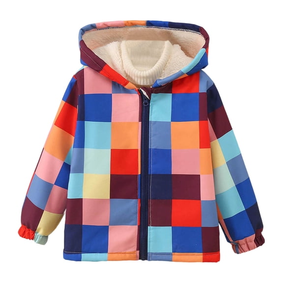 Lkhaha Girls Jacket Boys Winter Plaid Print Tie-dye Color Block Fleece Lined Zipper Hooded Fall Winter Clothes Size 2-3 Years