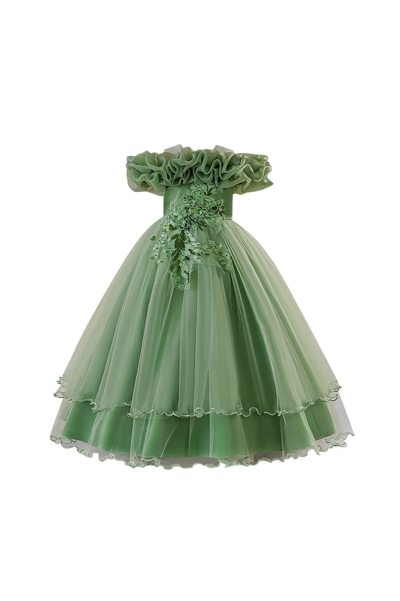Girls Off-the-Shoulder Ball Gown Floral Appliques Tiered Wedding & Pageant Party Tulle Dress Light Green 150