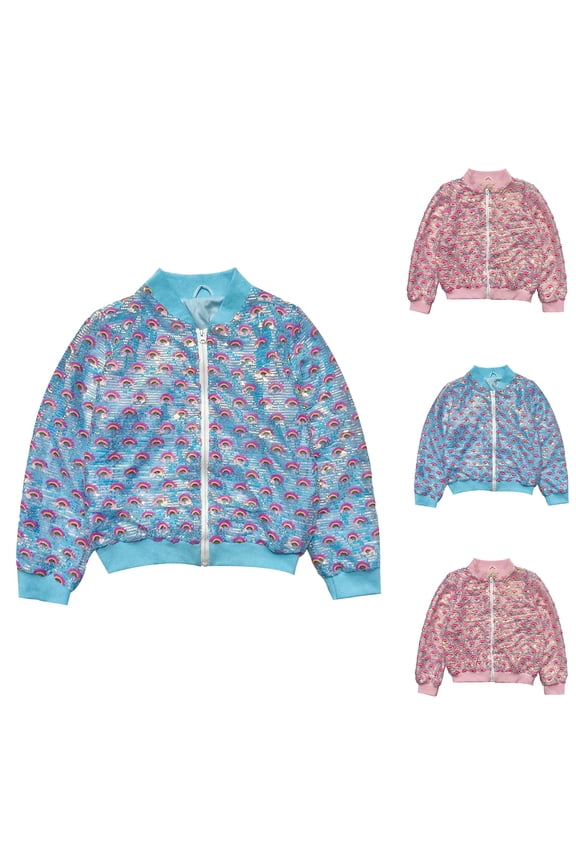 Girls Rainbow Sequin Bomber Jacket Sparkly Long Sleeve Cropped Party Outwear Pink 9-10 Years