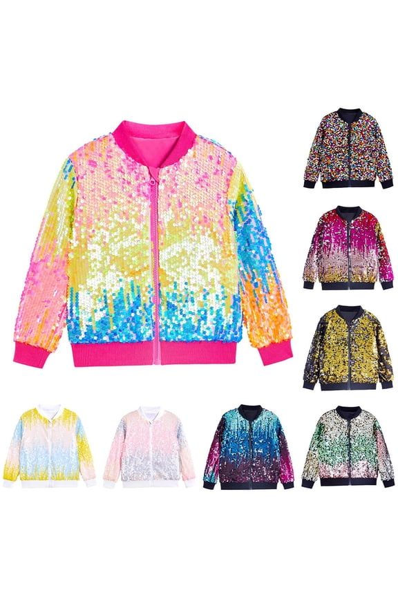 Girls Rainbow Sequin Bomber Jacket Sparkly Zip-Up Coat Colorful Party Outerwear Black 10-12 Years