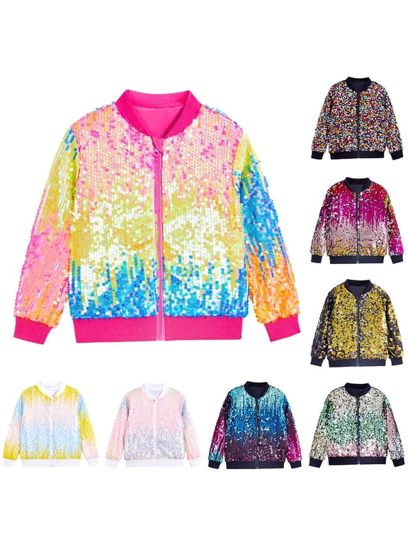 Girls Rainbow Sequin Bomber Jacket Sparkly Zip-Up Coat Colorful Party Outerwear Black 2-4 Years