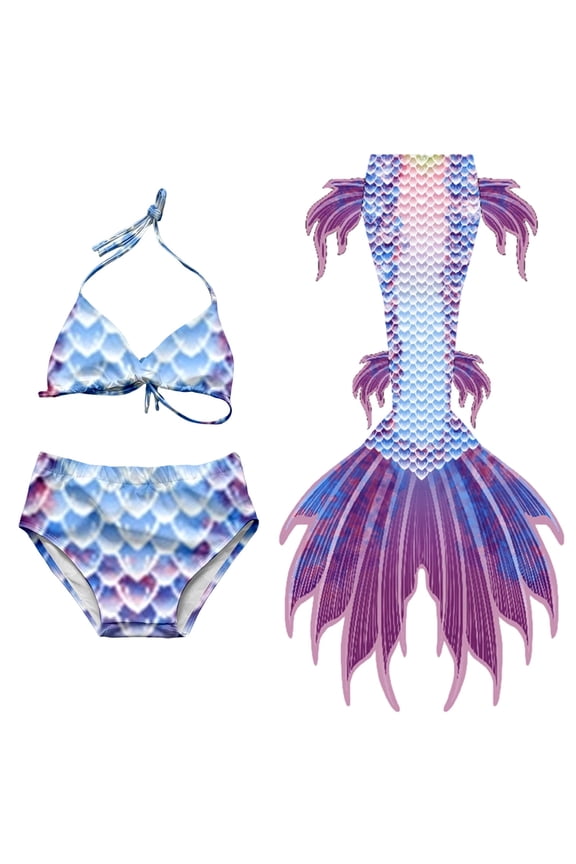 Girls Swim Suits Fish Scale Print Halter Lace Up Bikini Tail 3 Piece Set Athletic Swimwear Purple 4-6 Years