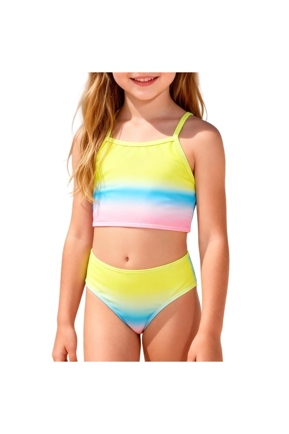 Girls Swimsuit Gradient Patchwork 2 Piece Tankini Set Beach Athletic Swimwear Yellow 160