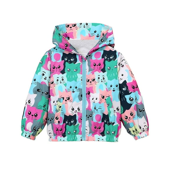 Lkhaha Jacket For Toddler Girls Hooded Cute Cat Print Fleece Lined Warm Long Sleeve Zipper Hooded Fall Winter Coat Size 3-4 Years
