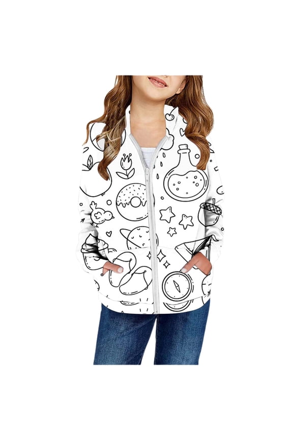 Jacket For Toddler Girls Sketches DIY Print Zipper Hoodie Long Sleeve Hooded Sweatshirts Chil Kids Outwear Size 13-14 Years