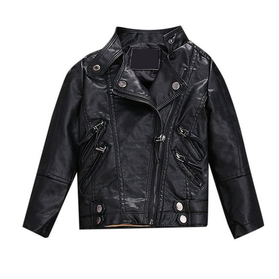 Lkhaha Jacket For Toddler Girls Solid Pu Leather Motorcycle Boy Faux Leather Multi-Pockets Streetwear Chil Kids Outwear Size 3-4 Years