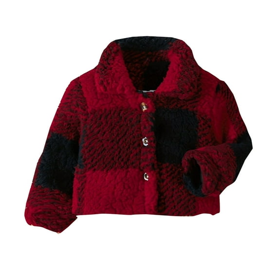 Lkhaha Jacket for Girls 2025 Winter Plaid Patchwork Warm Button Lapel Plush Trendy Jackets Size 9-12 Months