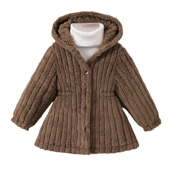 Lkhaha Jackets For Girls Warm Fleece Hooded Solid Button Down Warm Parka Fall Winter Fuzzy Children's Outwears