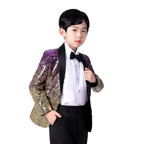 Lkhaha Jackets for Toddler Boys Gradient Patchwork Shimmering Sequin Suit Bow Tie Blazer Formal Weddings Party 2 Piece Set Windbreakers