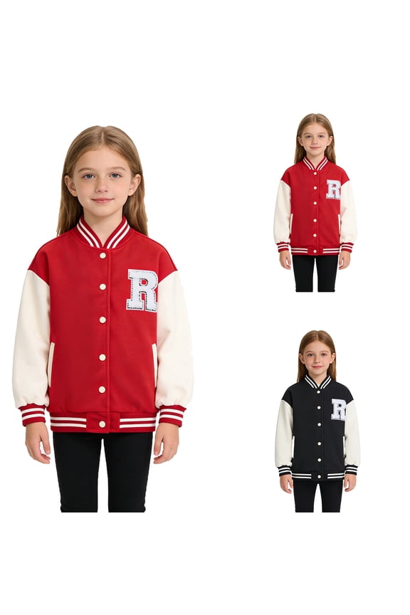 Kids Baseball Varsity Jacket For Boys Girls Warm Thickened Preppy Outerwear Black 7-8 Years
