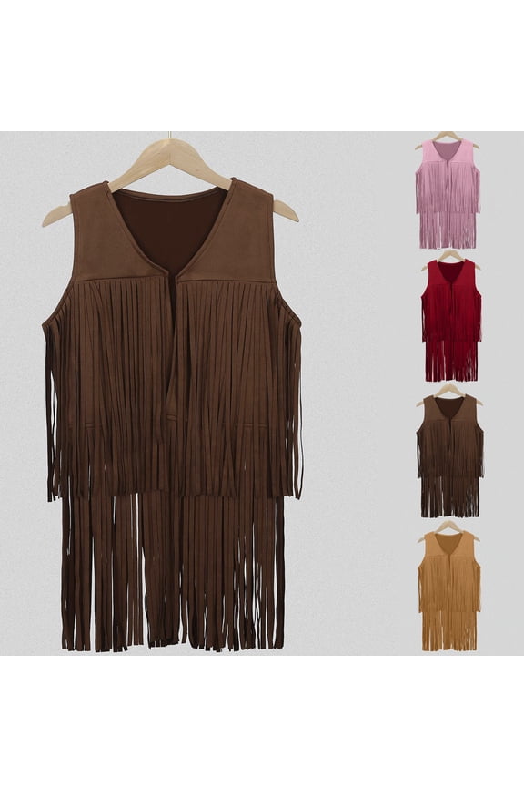 Kids Long Fringe Suede Vest Vintage Open Front Sleeveless Duster Boho Cowgirl Sleeveless Outwear Brown 11-12 Years