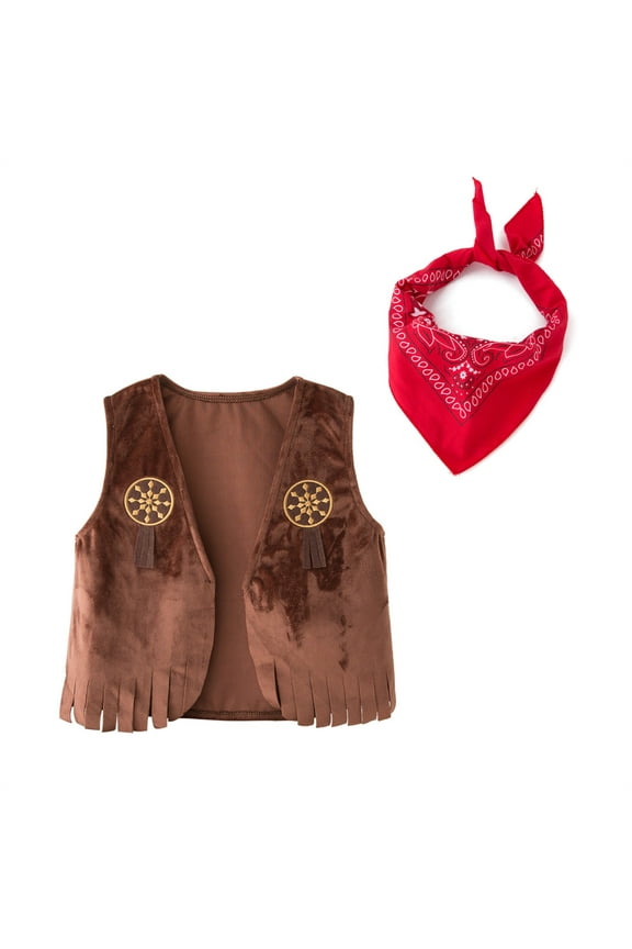 Kids Western Fringe Vest Bandana Set Suede V-Neck Cowboy Cowgirl Waistcoat Coffee 10-11 Years