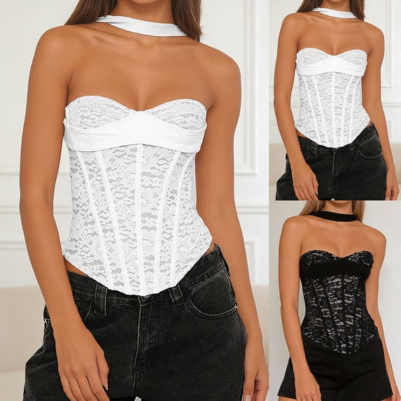 Lkhaha Lace Floral Halter Camisole Shirts Y2K Going Out Bustier Corset Top White M