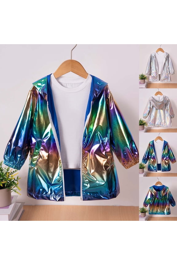 Metallic Zipper Hooded Jacket Boys Girls Fashion Waterproof Windproof Outwear Silver 2-3 Years