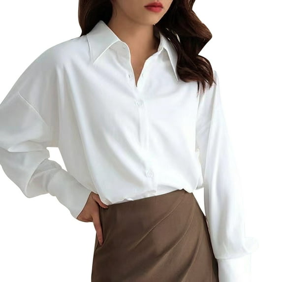 Lkhaha Silk Satin Shirt for Women Elegant Solid Button Down Puff Long Sleeve Work Office Blouse Black L-3