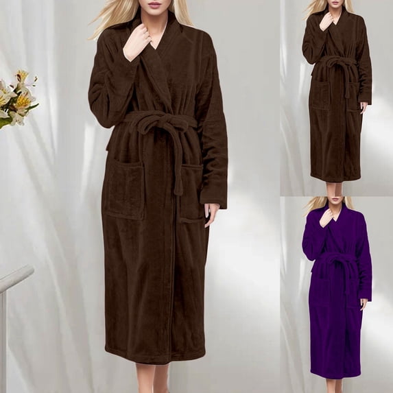 Lkhaha Soft Bathrobe for Women Long Sleeve Shawl Collar Kimono Style Robe With Belt Spa Loungewear Coffee XL
