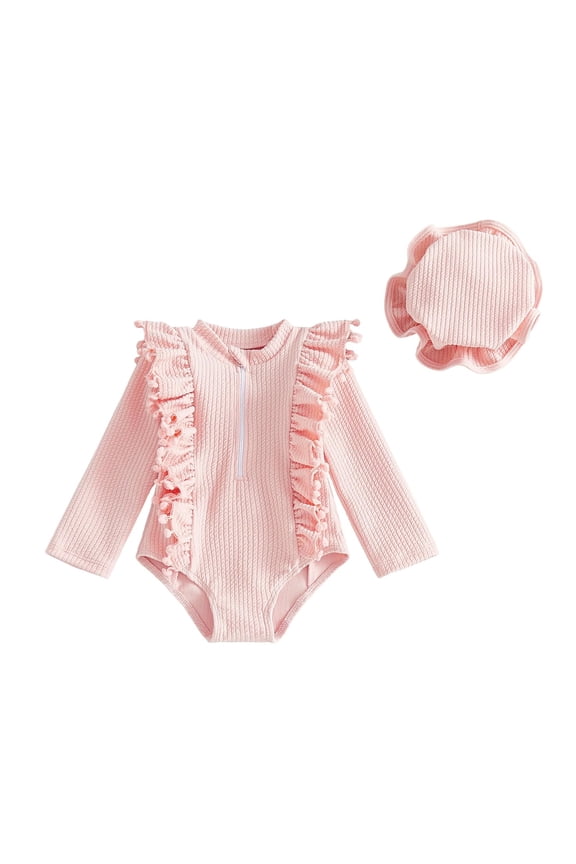 Swim Suits for Girls 2026 Solid Ruffle Hem Half Zipper One Piece Rash Guard with Cap 2 UPF 50+ Bahitng Suit Pink 3-6 Months