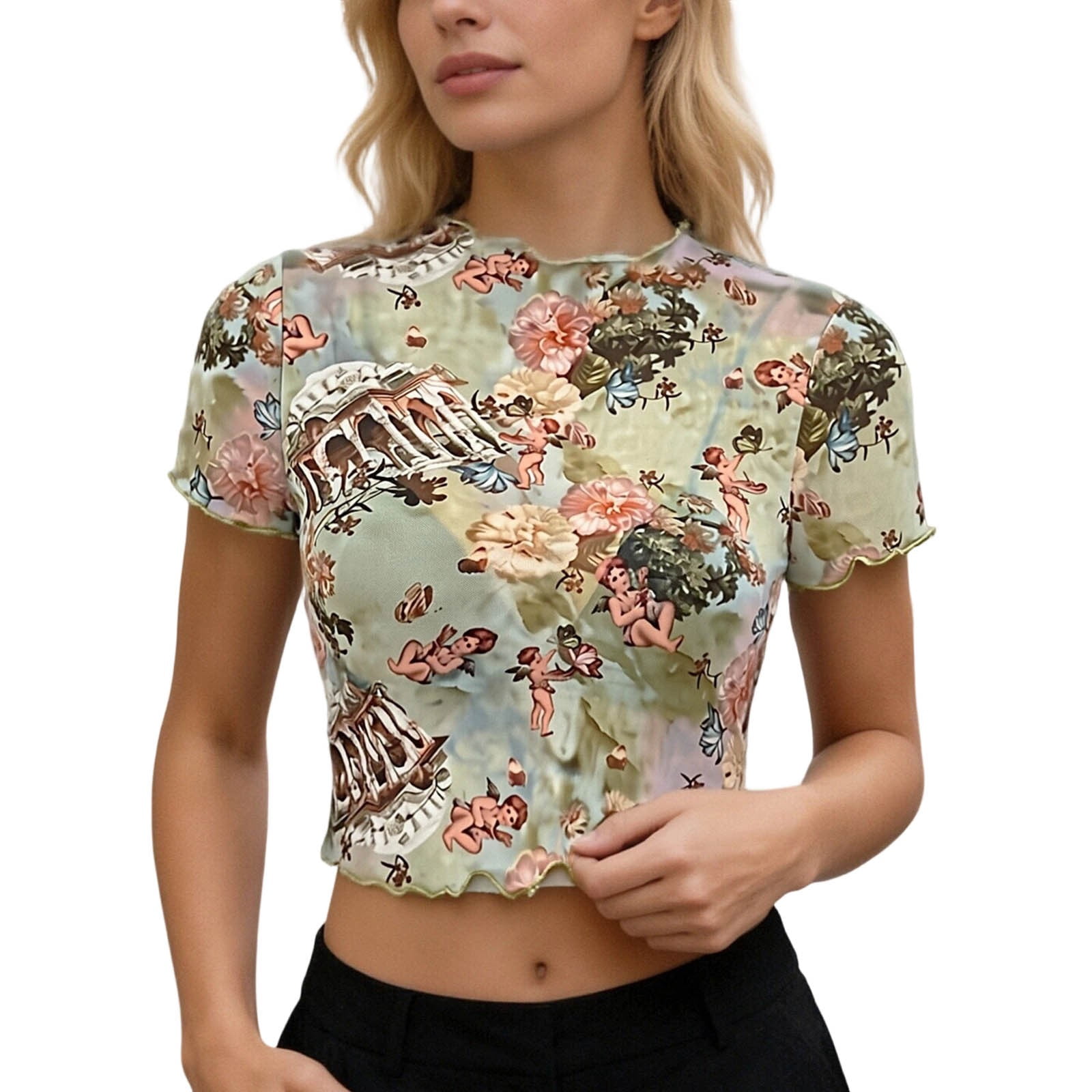 Lkhaha T Shirts For Women Fashion Tees Tops Elegant Mesh Print Short ...