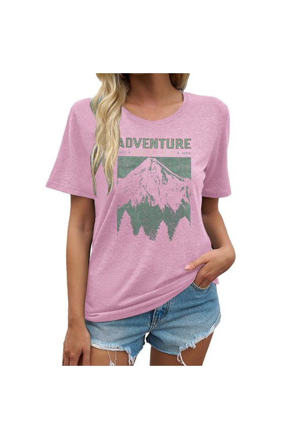T-Shirts for Women Summer Adventure Awaits Explore Nature Hiking Camping T Graphic Fashion Clothing Pink XL