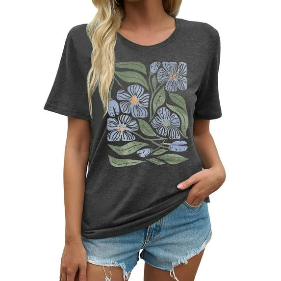 Lkhaha T-Shirts for Women Summer Casual Short Sleeve Loose Round Neck Printed Athletic Blouse Grey 2XL