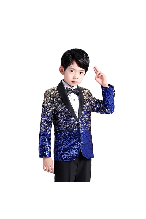 Toddler Boys Jackets Gradient Patchwork Shimmering Sequin Suit Bow Tie Blazer Formal Weddings Party 2 Piece Set Trendy Clothes Size 7-9 Years