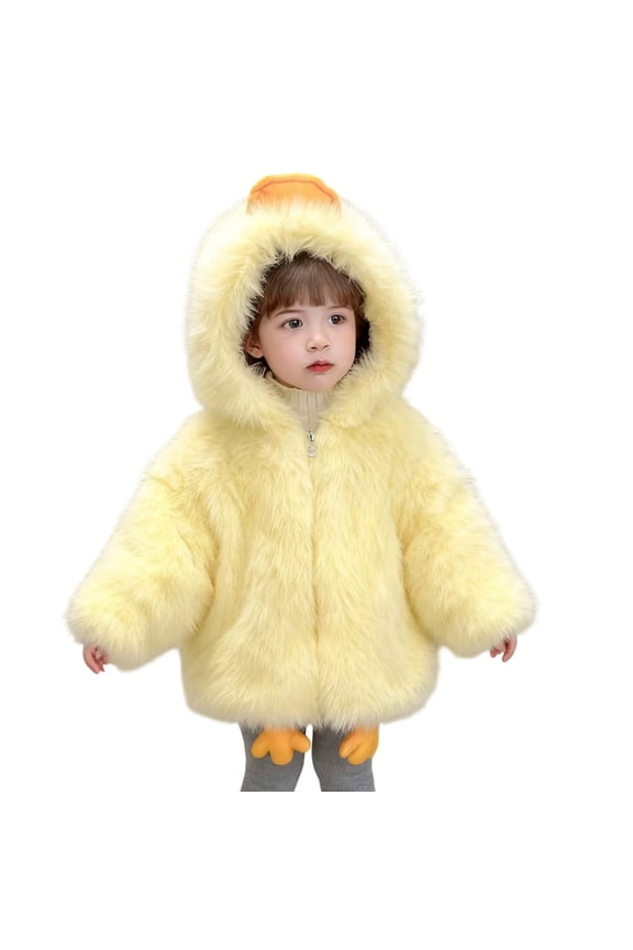 Toddler Girl Jackets Cute Yellow Duck Fuzzy Fleece Hooded Padded Soft Warm Thicken Zip Up Plush Child Winter Coat