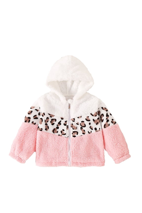 Toddler Girl Jackets Leopard Print Patchwork Warm Fleece Sherpa Zipper Hooded Cute Fuzzy Kids Winter Trendy Coat
