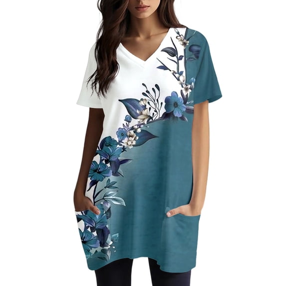 Lkhaha Tops For Women T-Shirts Flowy Casual Dress V Neck Loose Printed Summer Shorts Trendy Outfits Mint Green L
